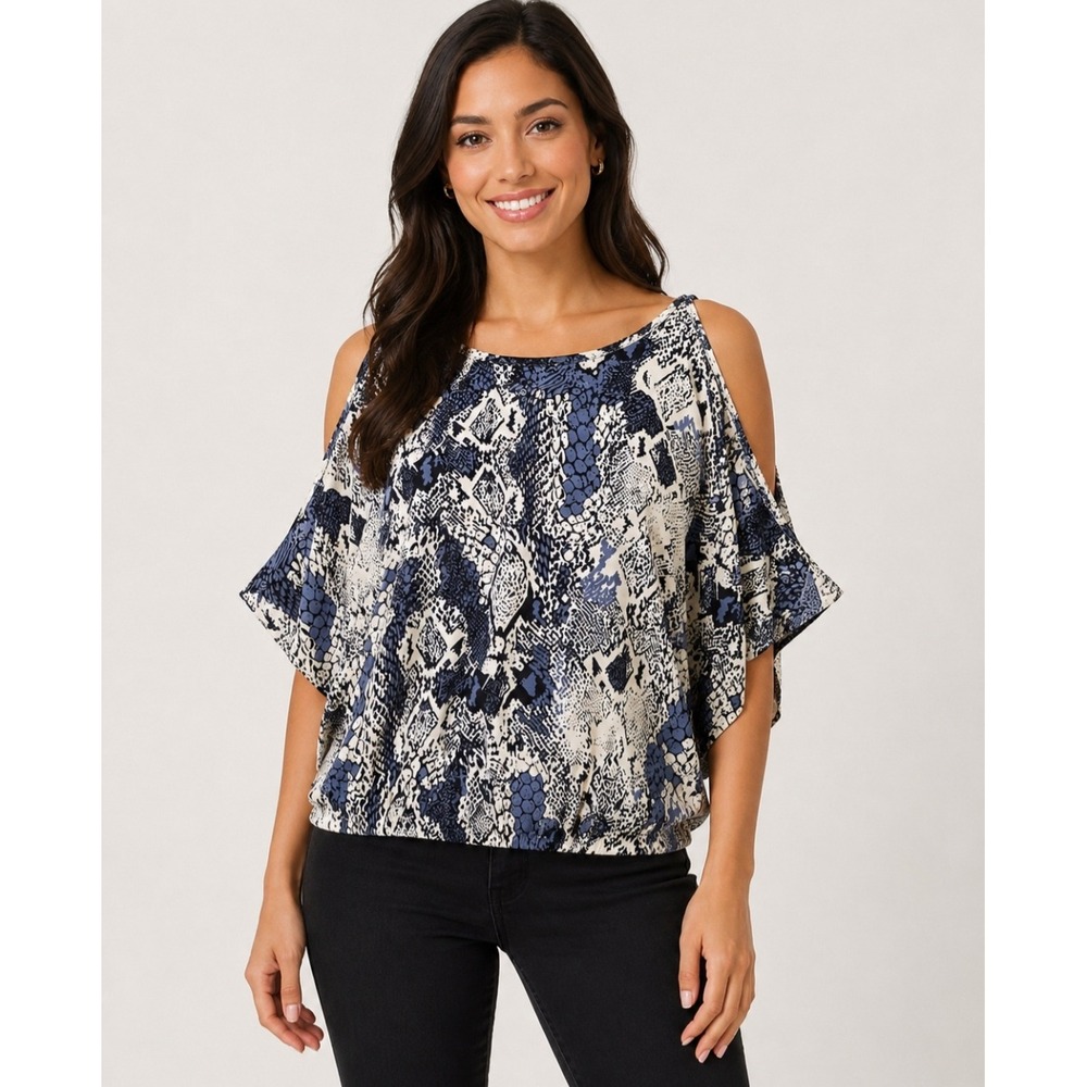 bebe Y2K Cold Shoulder Batwing Top S Blue White Snakeskin Animal Print 2000s